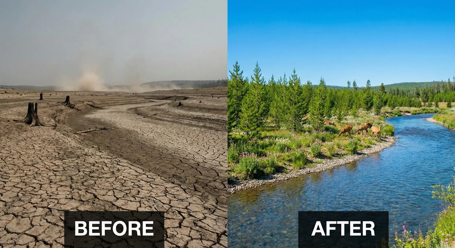 Before and after — degraded land restored to thriving ecosystem