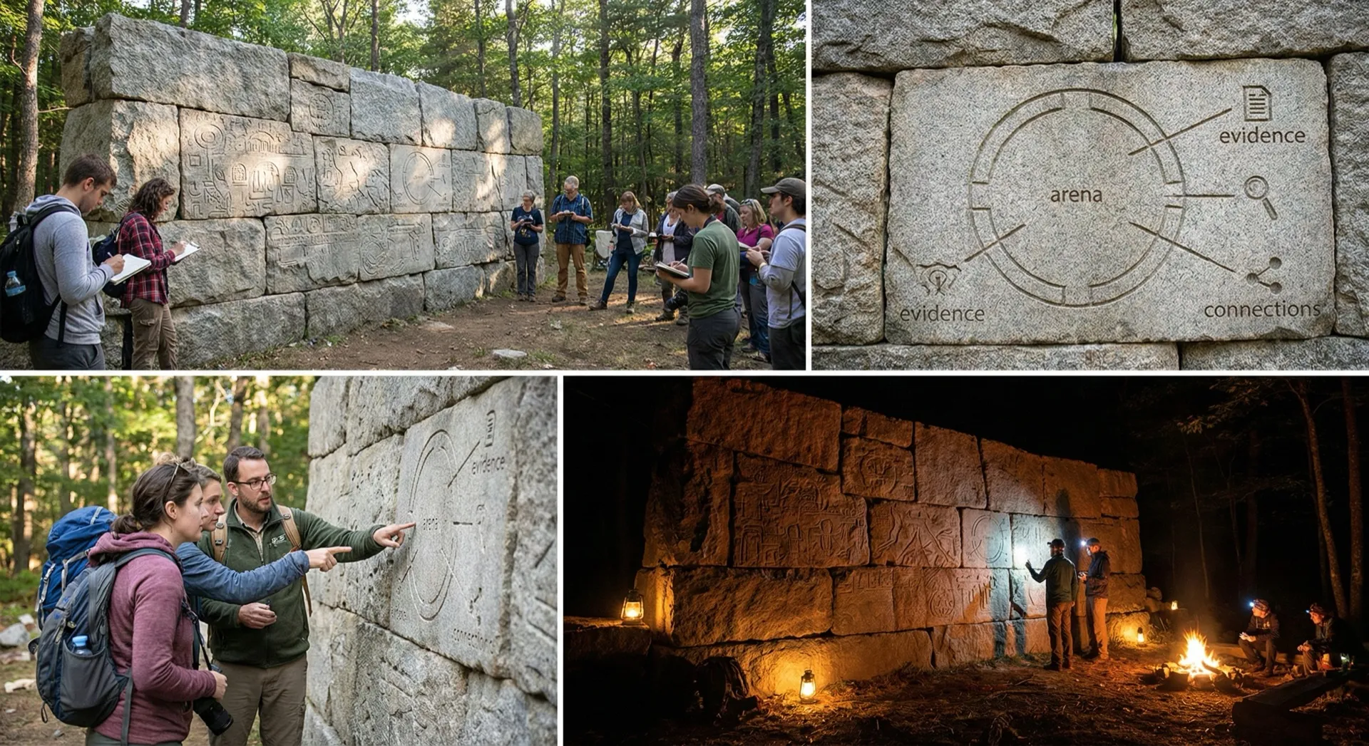 Carved stone monuments on forest meditation trail